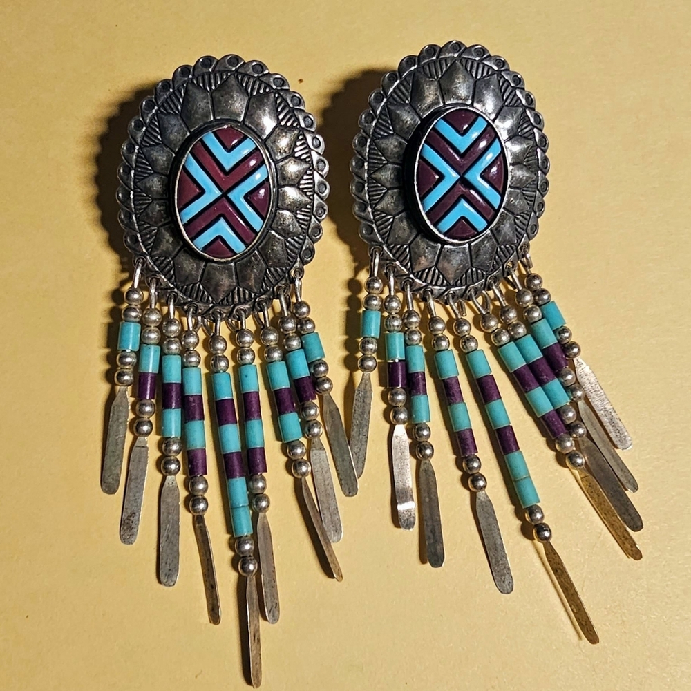 Quoc Trading QT Sterling Silver Turquoise Sugilite Heishi Bead Concho Earrings